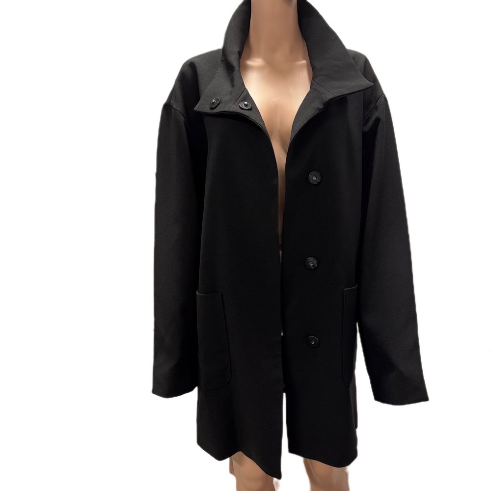 Melanie Lyne Black Coat Funnel Neck Size 14 Minimalist Mid-Length Jacket